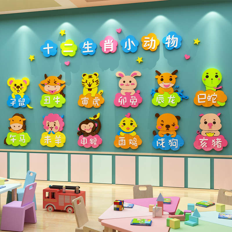 十二生肖幼儿园墙面装饰环创主题文化墙成品环境布置材料楼梯走廊