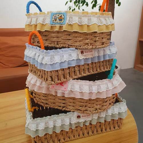 手工编织收纳篮蕾丝格子花边装饰手提篮收纳筐