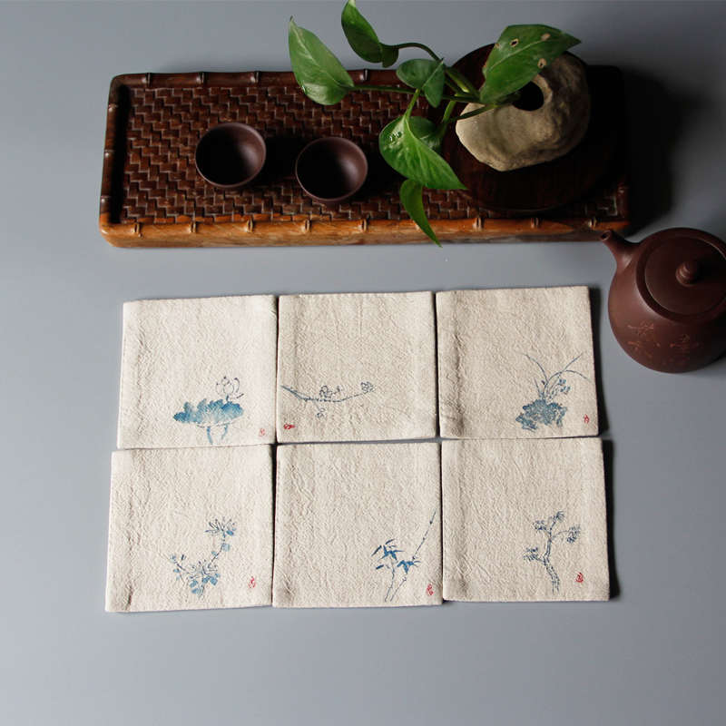 听禅阁方形双层棉麻手绘杯垫布艺隔热中式手工功夫茶具配件促销