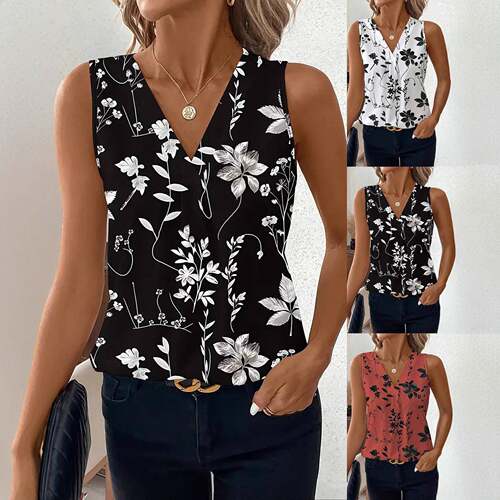 Women's Floral Print Sleeveless Chiffon Blouse, Summer Loose