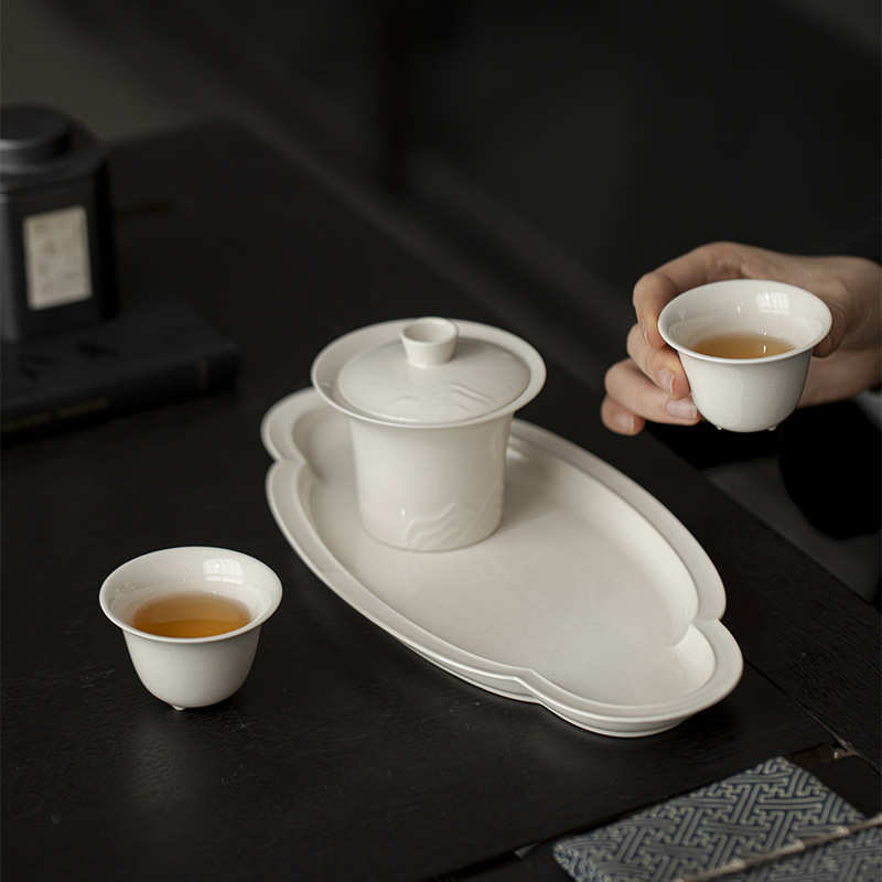 墨己草木灰陶瓷海棠壶承功夫茶具家用茶道配件干泡盘大号陶瓷茶盘