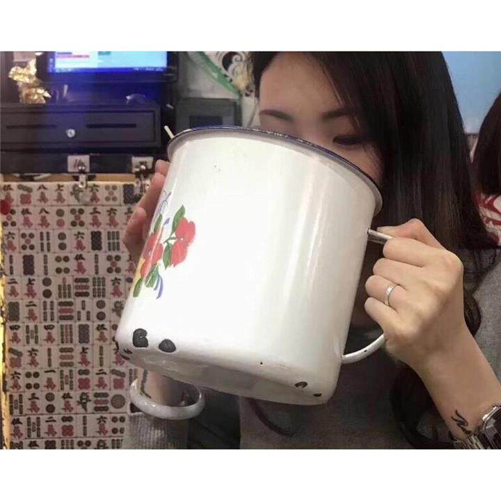 唐瓷口杯口缸怀旧老式塘瓷带盖茶杯糖瓷杯洋摊瓷喝水杯缸子搪瓷