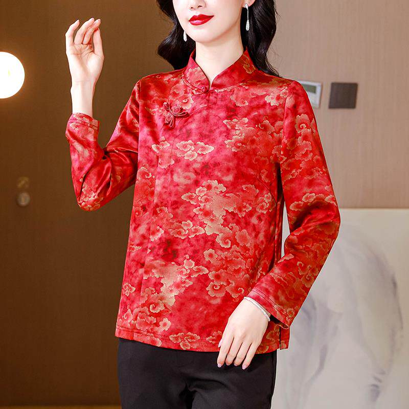 RIERA中式复古立领长袖缎面衬衫女士春秋冬款气质显瘦妈妈红色唐