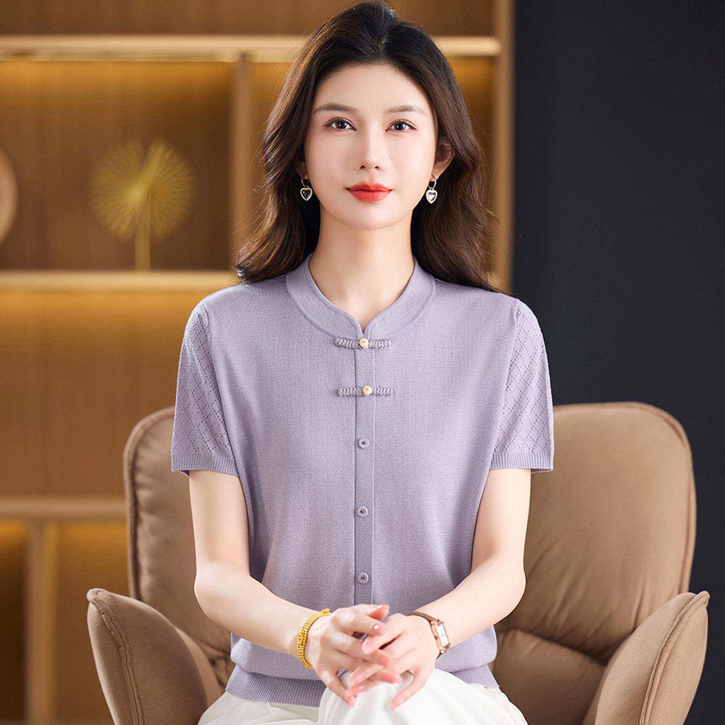 高档中年针织衫T恤女短袖夏装桑蚕丝100%大尺码妈妈真丝旗袍领上