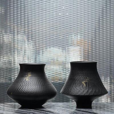 新中式创意黑色飞碟宽口花瓶摆件家居饰品电视柜茶几桌面插花花器