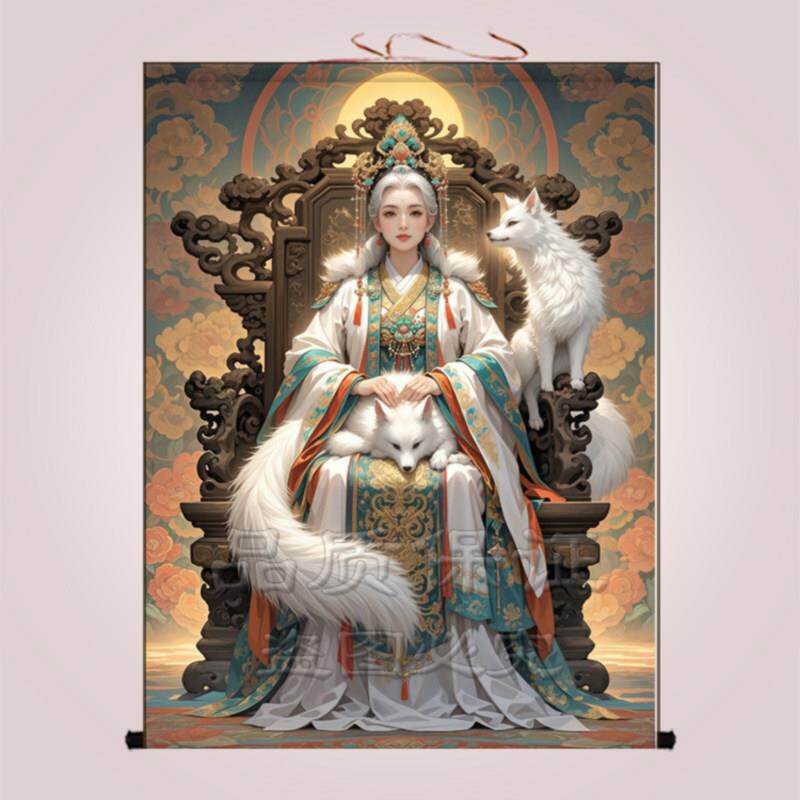胡家仙九尾狐娘娘挂画家用客厅卷轴画出马堂口供奉九姑娘像装饰画
