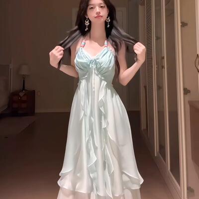桔梗house海边度假风吊带洋装女2025夏季新款氛围感露背长裙子
