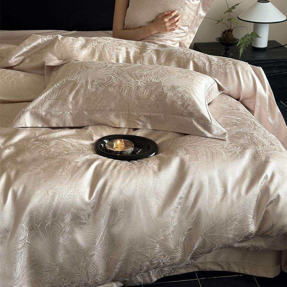 欧式古典锦缎提花长绒棉简约纯色轻奢纯棉被套床单卧室家用四件套
