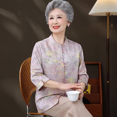 大码中老年人奶奶衬衫女印花夏装桑蚕丝100%套装老太太真丝上衣薄