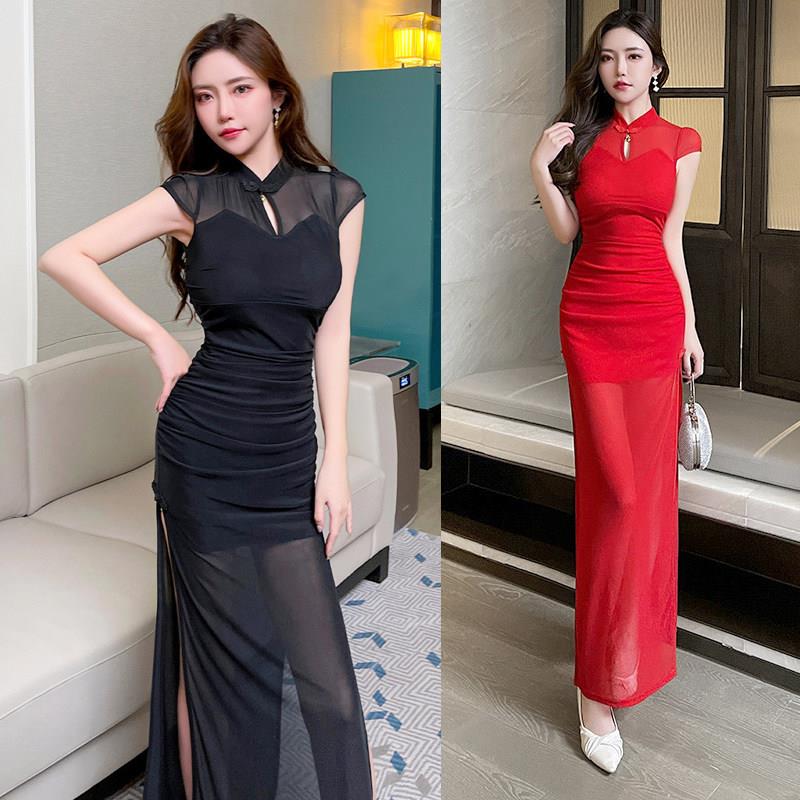 柔式按摩沐足工作服技师服长款连衣裙性感旗袍晚礼服气质长裙