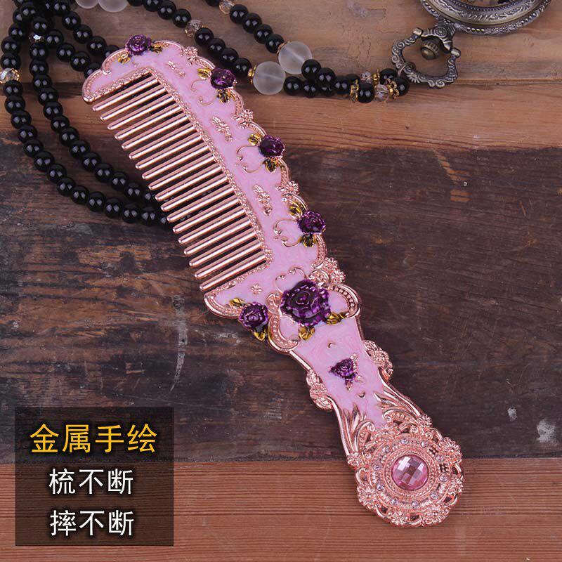创意女士礼物复古典宫廷水钻按摩梳子化妆镜欧式合金属彩绘化妆梳