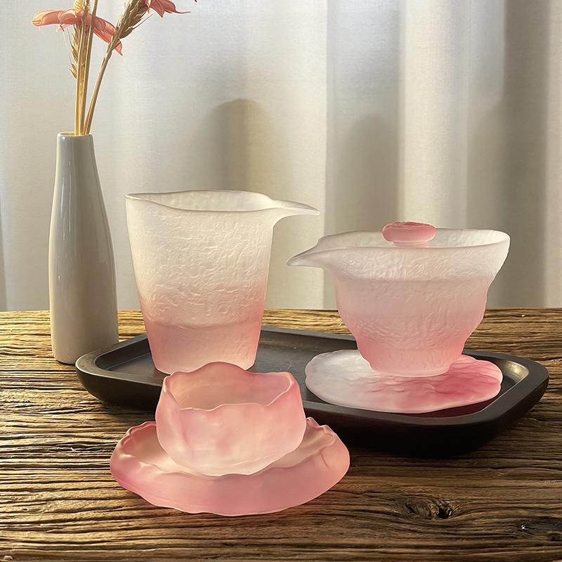 功夫茶具套装玻璃公道杯盖碗水晶茶杯琉璃主人杯子杯垫粉色品茗杯