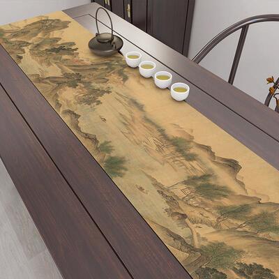 中式国画山水画湖山春暖桌旗茶席茶桌垫布茶室装饰防水棉麻茶桌布