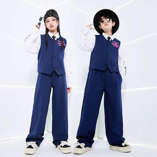 少儿爵士舞演出服装 藏蓝西装马甲潮服 街舞Popping儿童服装