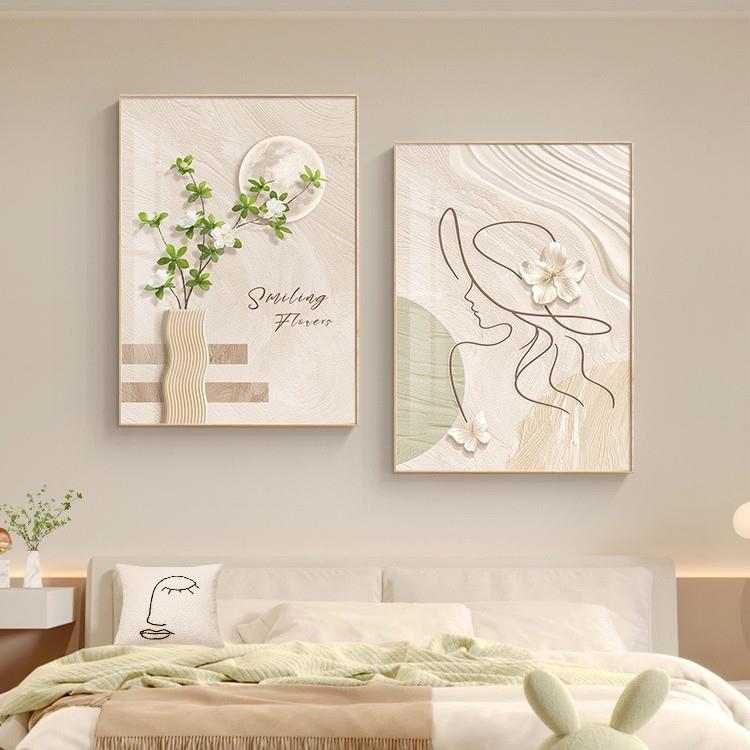 现代简约卧室床头装饰画抽象线条人物挂画奶油风原木风客厅墙壁画