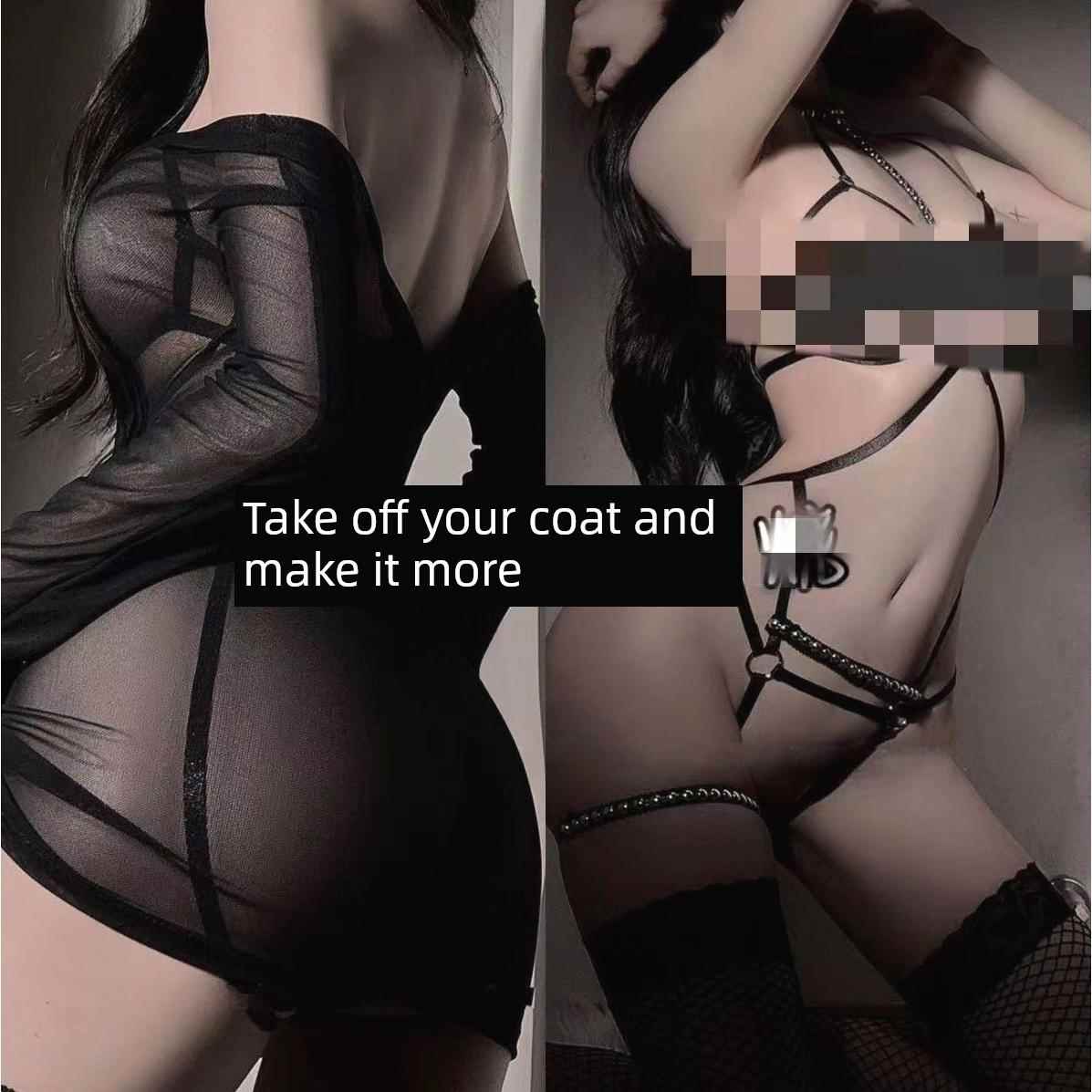 情调内衣套装免脱性感紧身辣妹透视薄纱一字镂空短裙肩御姐sm制服