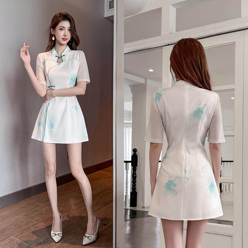 新中式足疗技师工作服女修身立领短袖白色高端酒店制服国风印花女