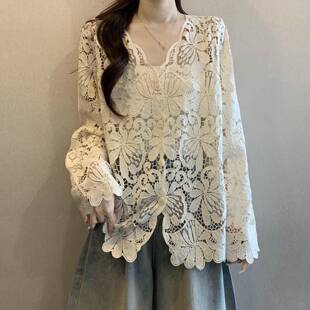 胖mm独漂亮罩衫 春夏法式 女早大码 衬衫 上衣0317z1 蕾丝钩花V领长袖