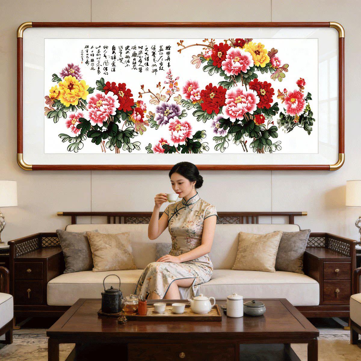 花开富贵国画牡丹客厅装饰中堂挂画中式沙发背景墙高级感餐厅字画