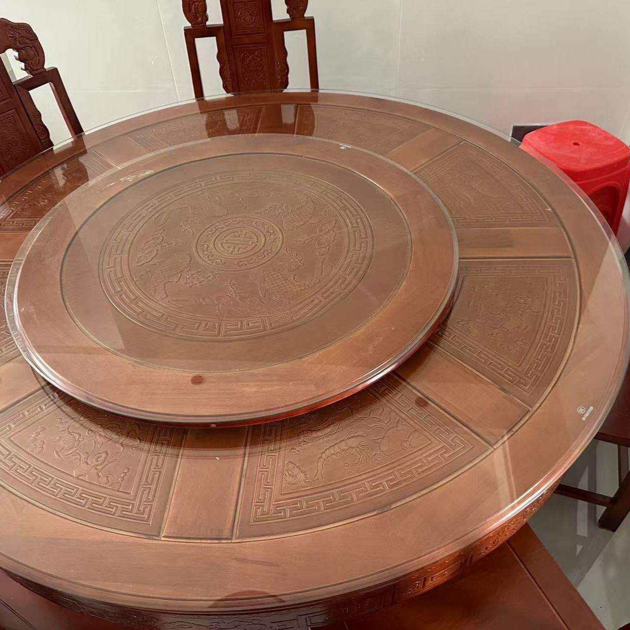 实木橡木圆形餐桌椅组合大小户型饭桌中式仿古雕花大圆桌雕花圆桌