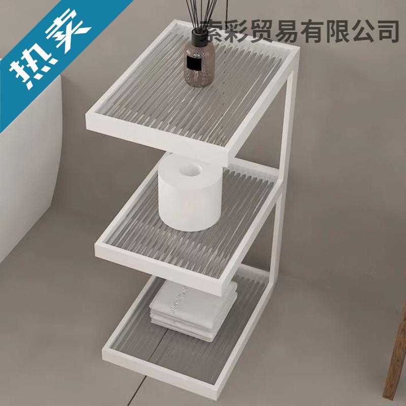 卧室玻璃茶边几铁艺书架现代简约卫生间客厅落地置物架靠墙收纳架