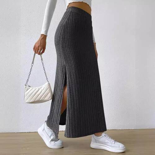 High waisted side slit knitted midi skirt for women