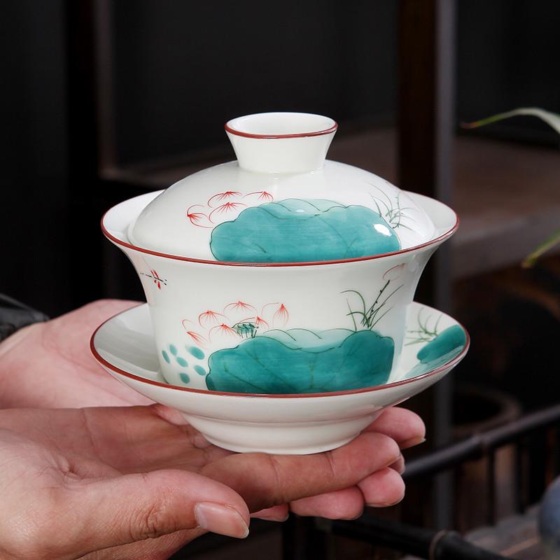 盖碗手绘青花瓷八宝茶碗大号三才杯功夫茶具敬茶釉下彩青瓷三炮台