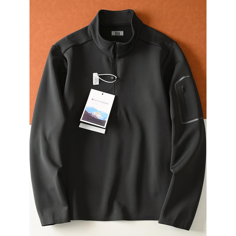 Mostarsea~压胶拉炼口袋时尚卫衣男秋冬半拉炼立领长袖体恤打底衫