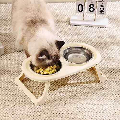猫碗不锈钢猫食盆猫咪碗宠物碗保护颈椎高脚折叠双碗喝水喂食一体