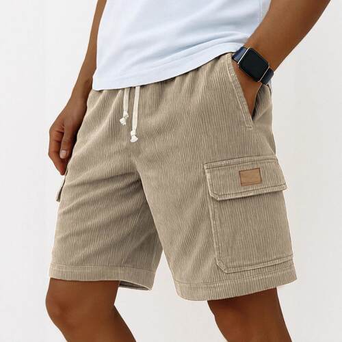 Side pocket striped 3D pocket men's drawstring shorts