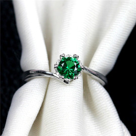正圆形祖母绿戒指简单扭臂六爪女款，绿宝石碧玺色925纯银开口银戒