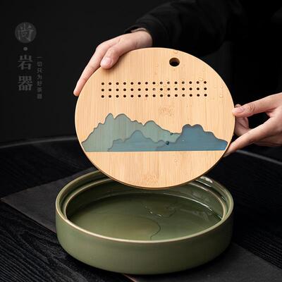 茶盘家用海托陶瓷制泡茶盘客CP-22021厅功夫小茶台陶瓷储水茶竹圆