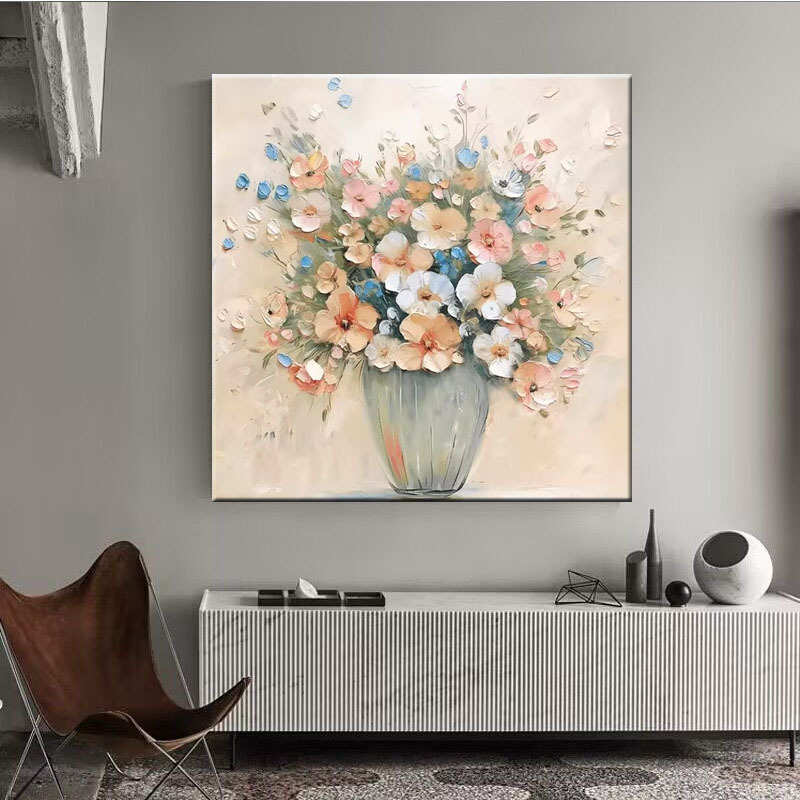 纯手绘油画花卉餐厅装饰画高级正方形饭厅卧室挂画奶油风玄关壁画图片