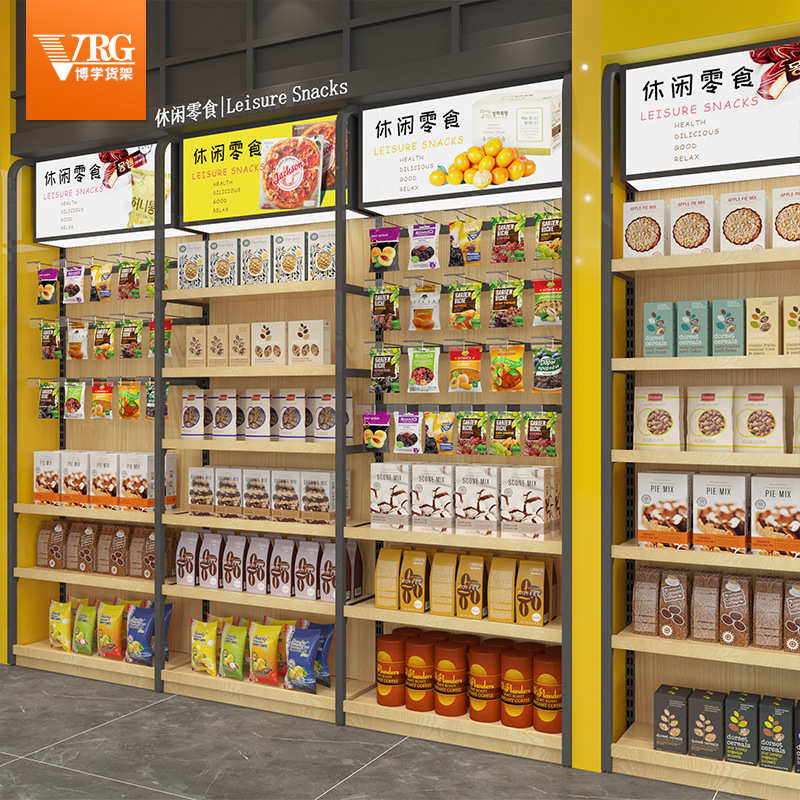 超市货架展示架单双面组合钢木食品货柜便利店零食陈列架厂家直销