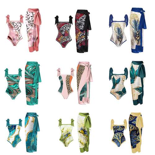 Printed one-piece swimsuit, two conservative beach skirts,