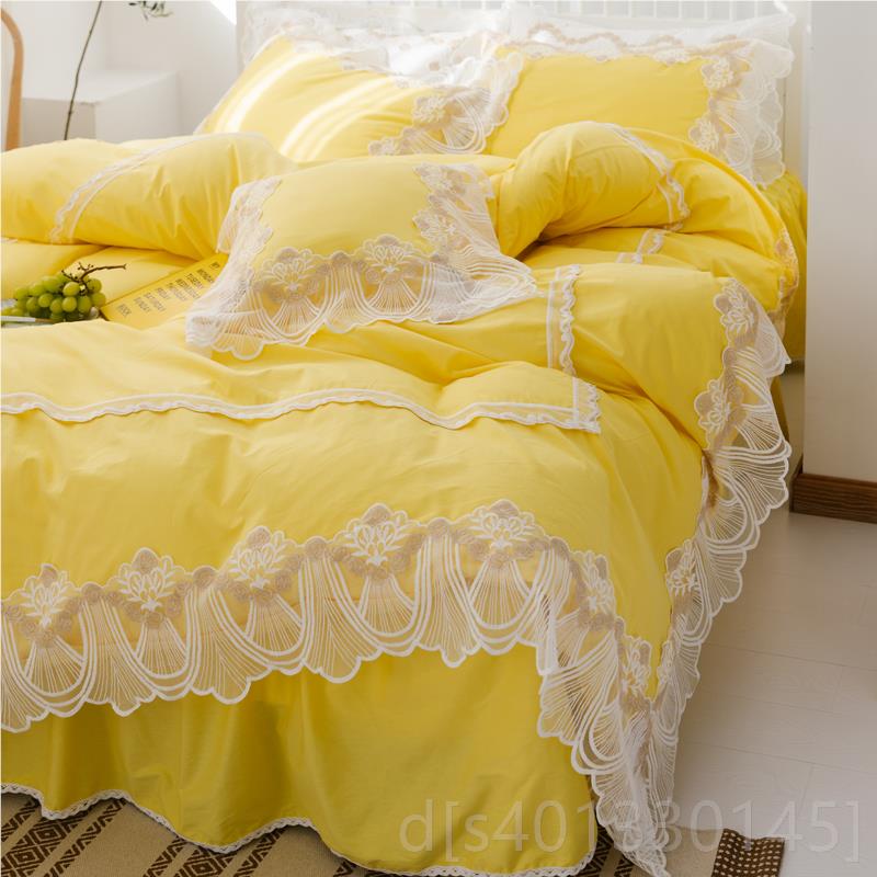 高档公主风全棉床款四件件裙套纯棉ins蕾丝荷叶花.边床罩式纯色套