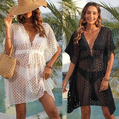 Women'S Solid Color Hollow Out Cover Up Dress Casual Cute