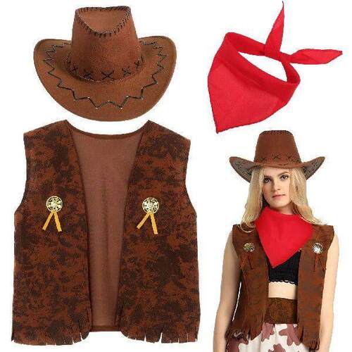1 set Cowboy Costume Women Men Denim Suit Brown Red Cowgirl