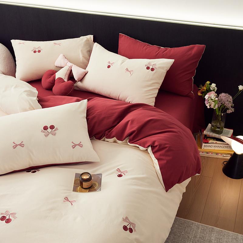 A床类清新100831S全棉1纳米磨毛四件套樱桃刺绣纯被套加厚.2床笠