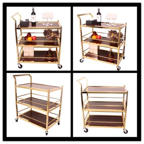 厂家不锈钢送餐车酒店三层酒水车饭店KTV钢木茶水甜品蛋糕车
