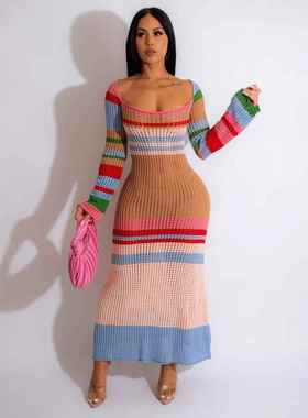 Midi Dress Women Colorful Contrast Collar Sexy Hollow Long