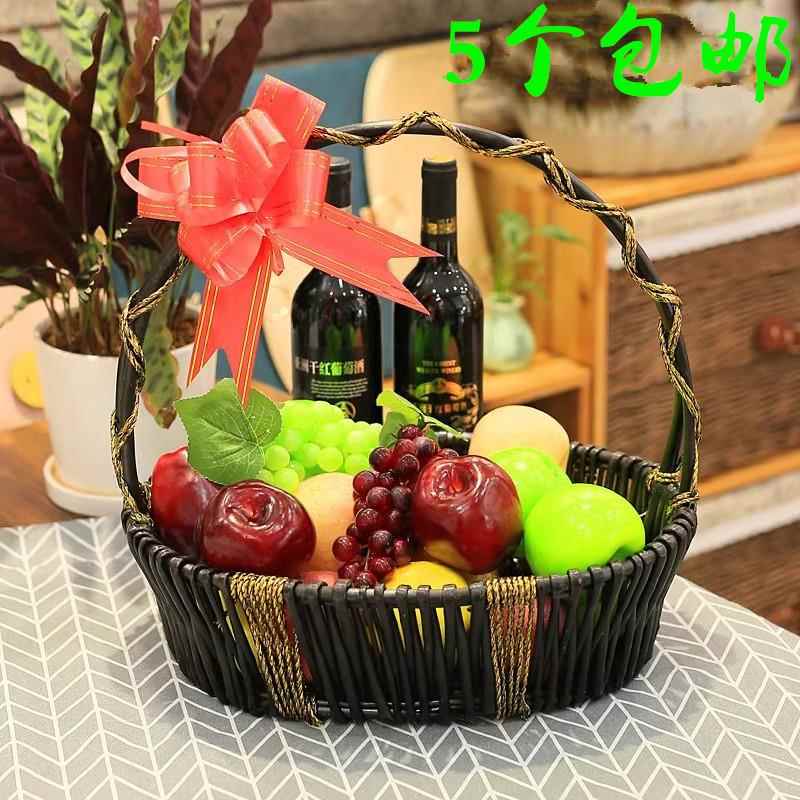 手工藤编方形水果篮 中式田园风格礼品包装篮 附桃心袋橘色水果篮图片