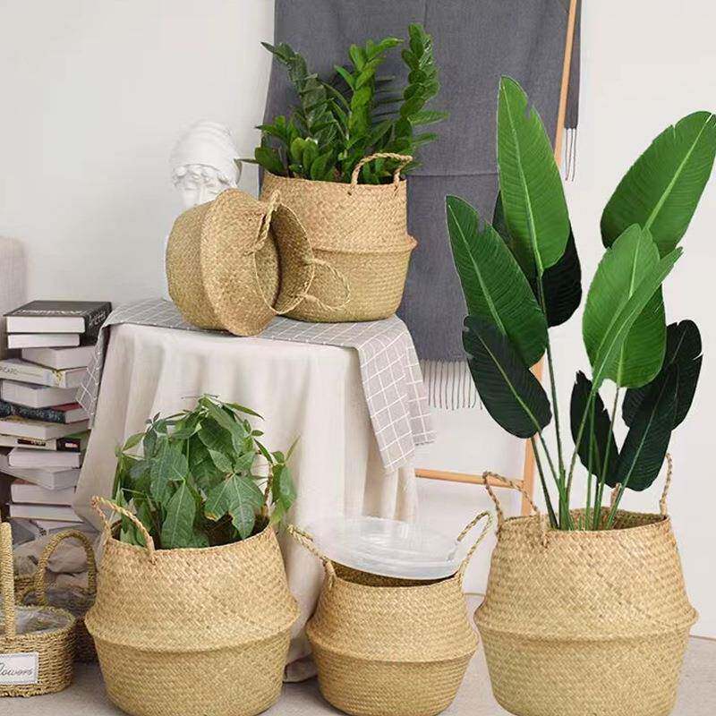 原色综合藤编手提篮子简约家居客厅摆件植物装饰草编手提花盆盆栽