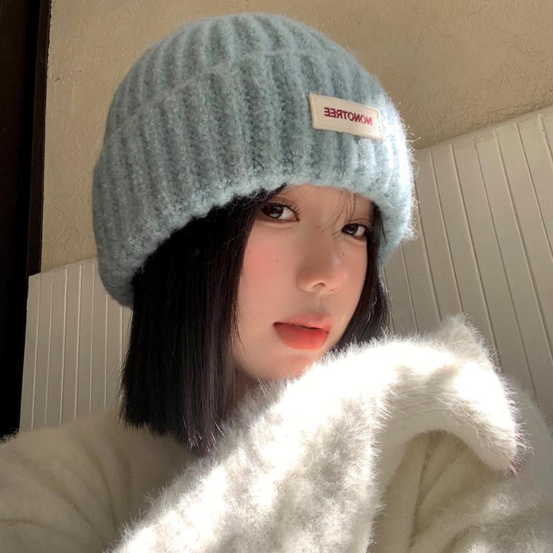 蓝色针织毛线帽女2026秋冬季大头围百搭帽子显脸小保暖护耳包头帽