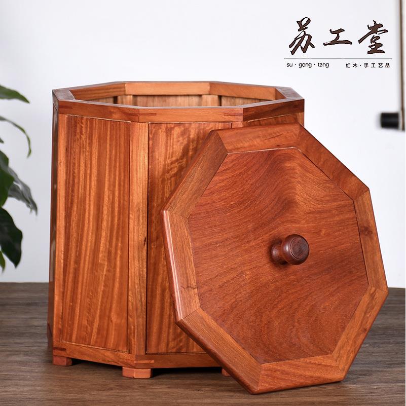 缅甸花梨木素面八角米桶厂家直销大果紫檀实木储物桶中式带盖木桶