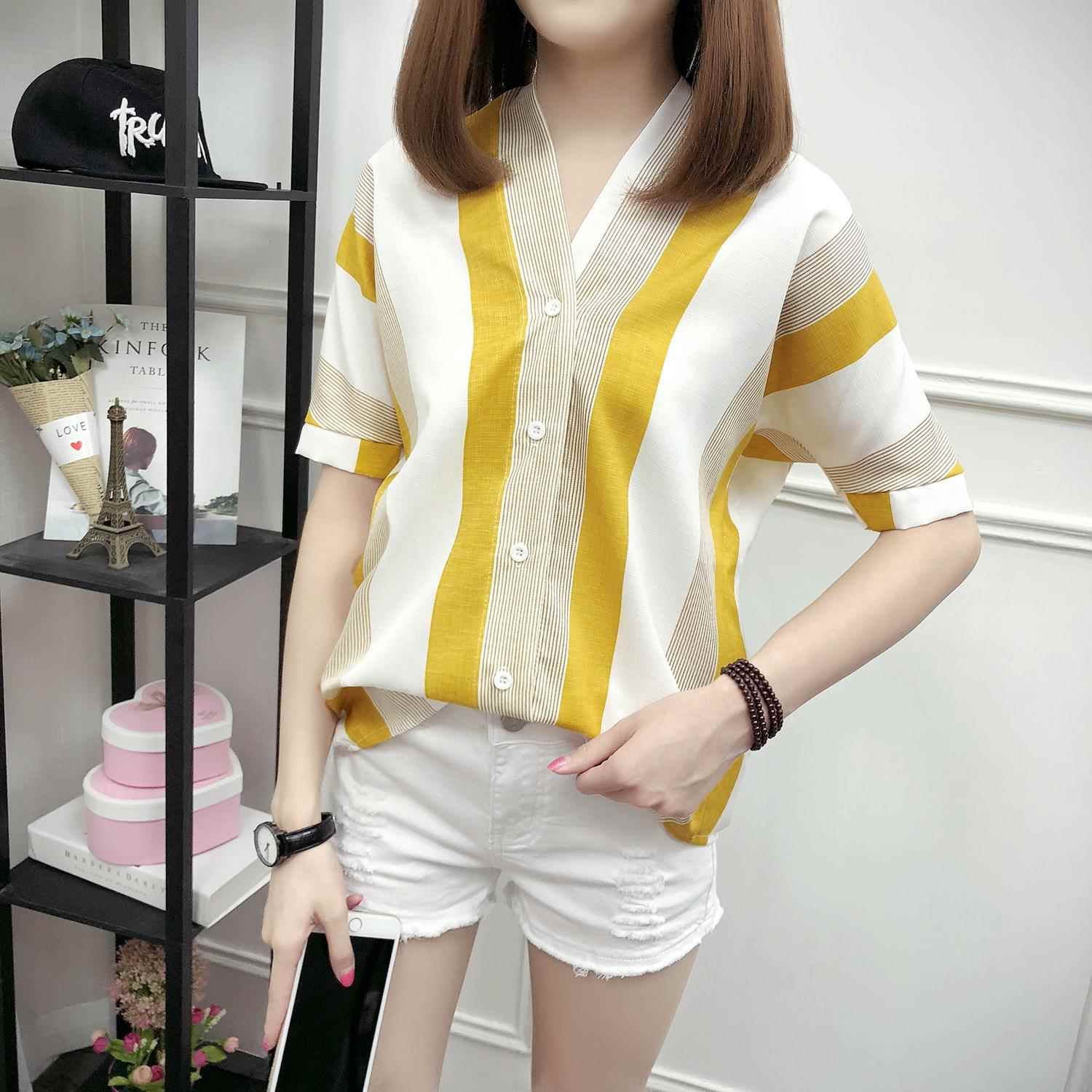 Striped Loose Tops Large V-Neck Womens Sleeve Size Fashion