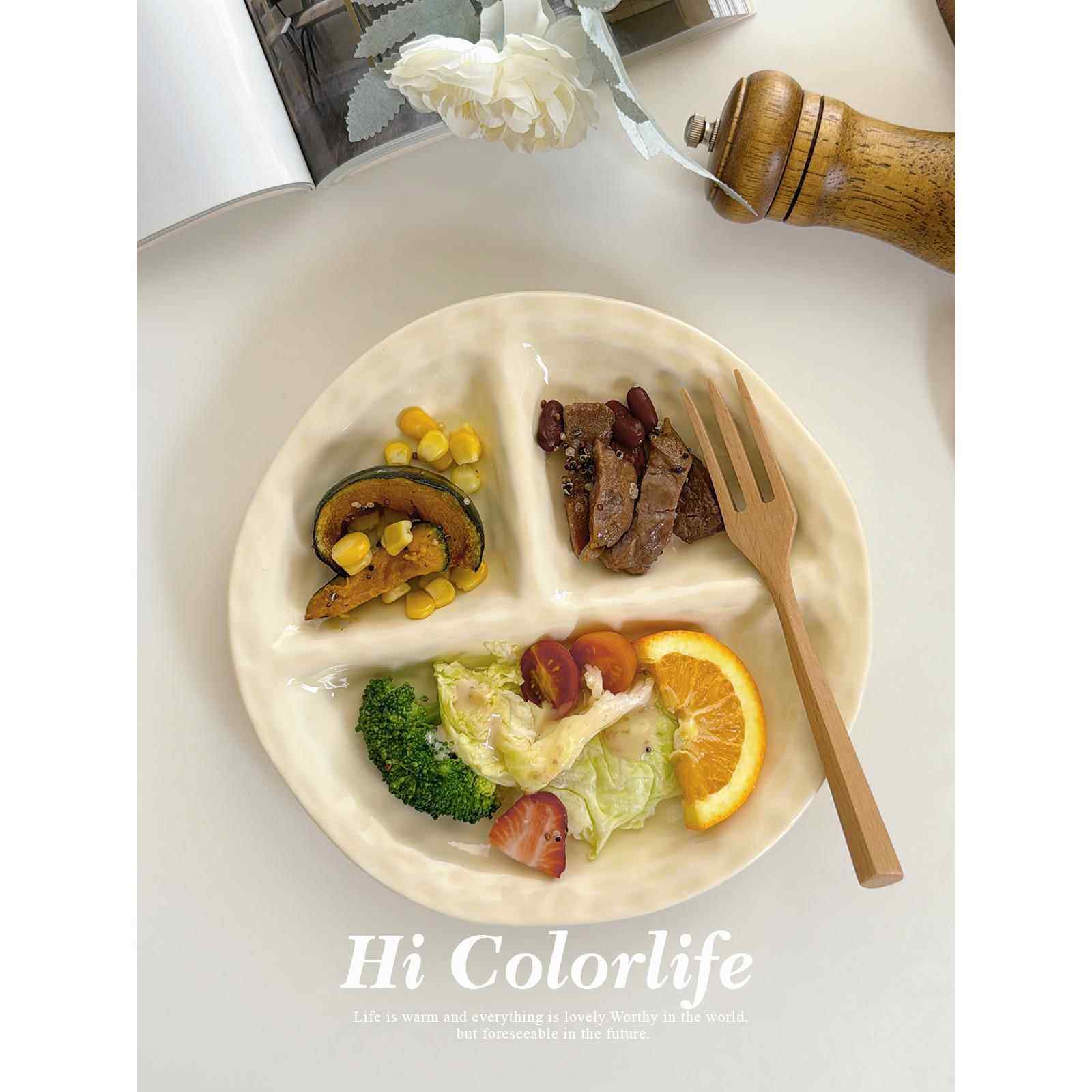 喝彩生活 法式手捏纹陶瓷分格餐盘ins复古纯色一人食简餐早餐盘子,餐饮具,盘,淘宝优惠券,粉丝福利购,淘宝优惠卷