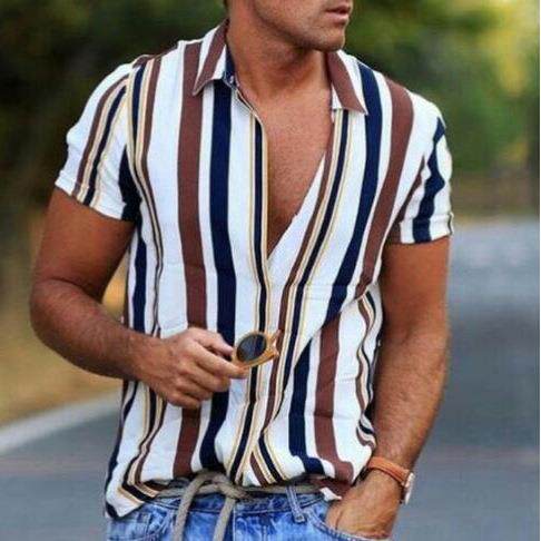 Men Striped Print Sleeve Shirt Regular Casual Button Comfy