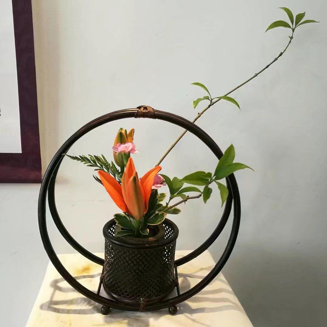 七月七圆月花器竹编花篮插花教学道具中式插花篮子竹花器
