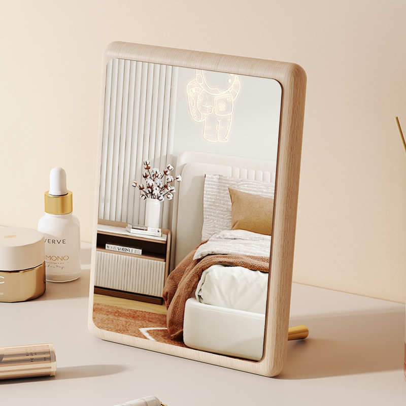 台式可镜子简约办公室卧室折叠家用便携化妆镜复古实木梳妆镜桌面